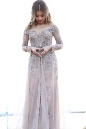 2019 Chic A line Off-the-shoulder Long Sleeves Tulle Appliques Prom Dress PFP0285