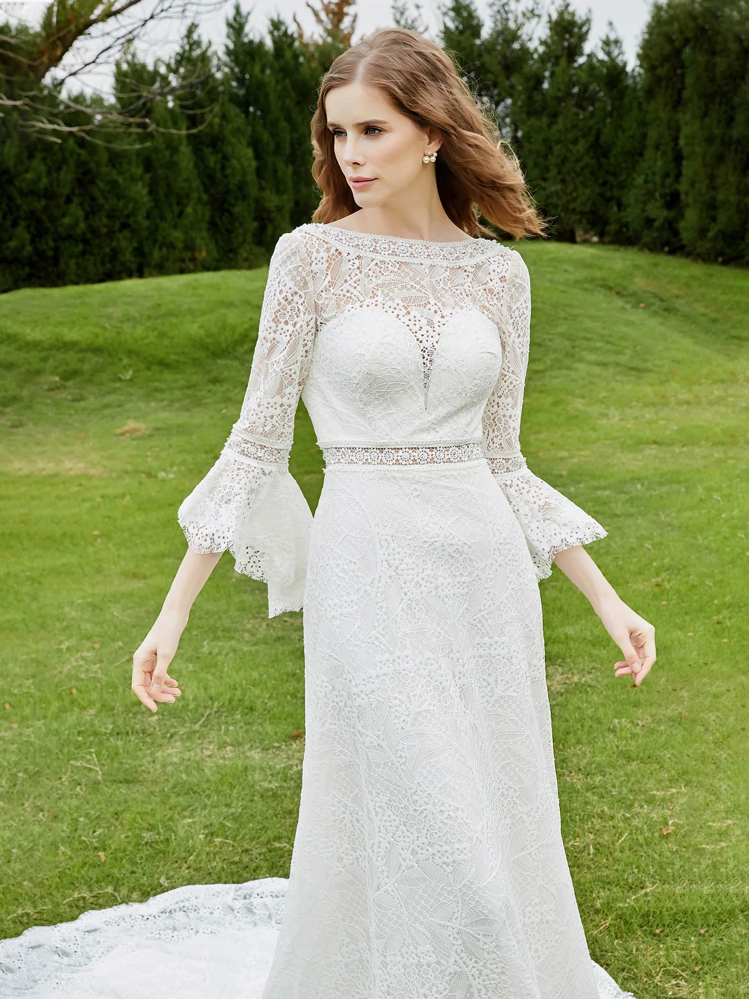 3/4-Length Beaded A-Line Lace Wedding Dress White