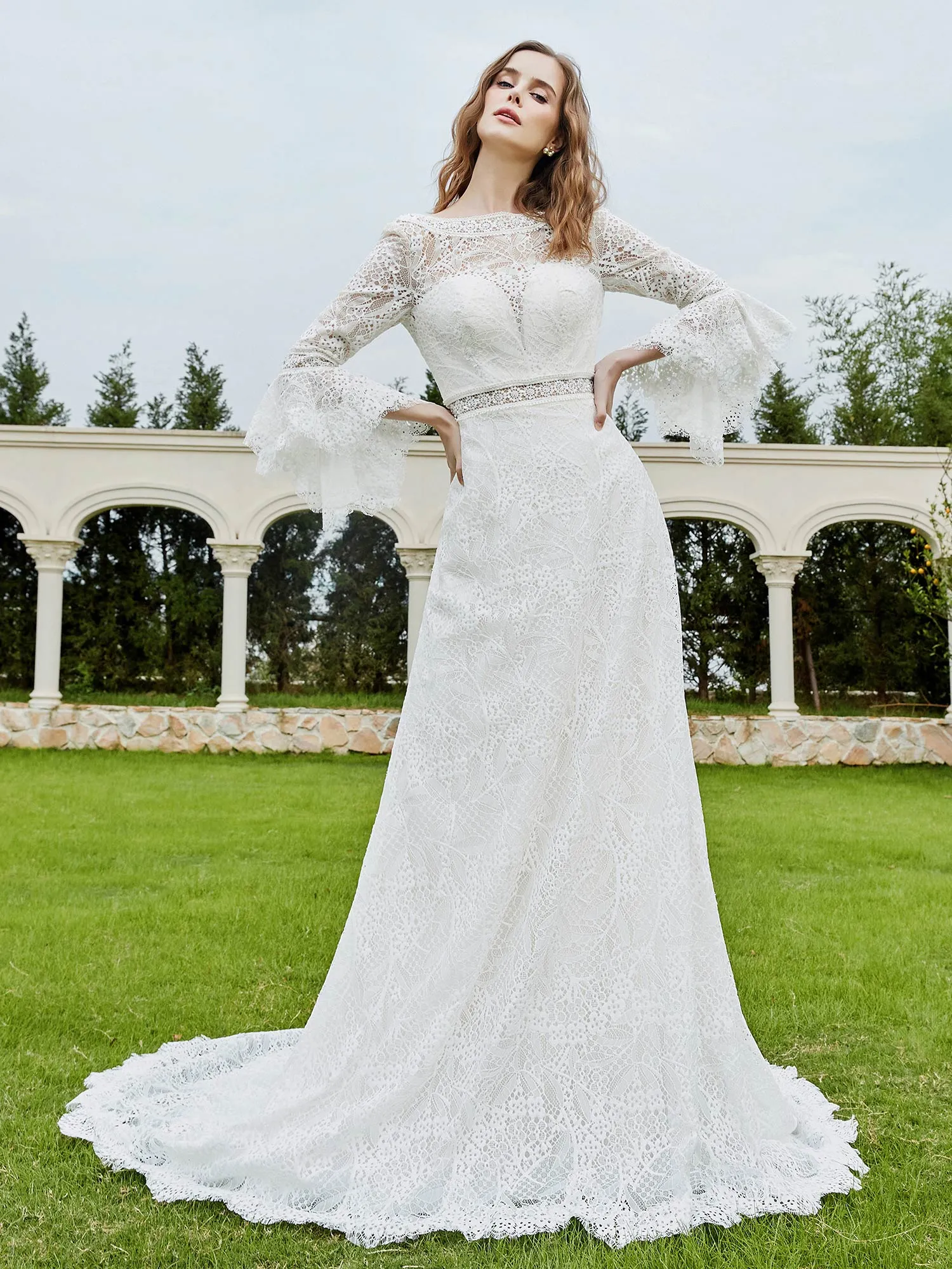 3/4-Length Beaded A-Line Lace Wedding Dress White