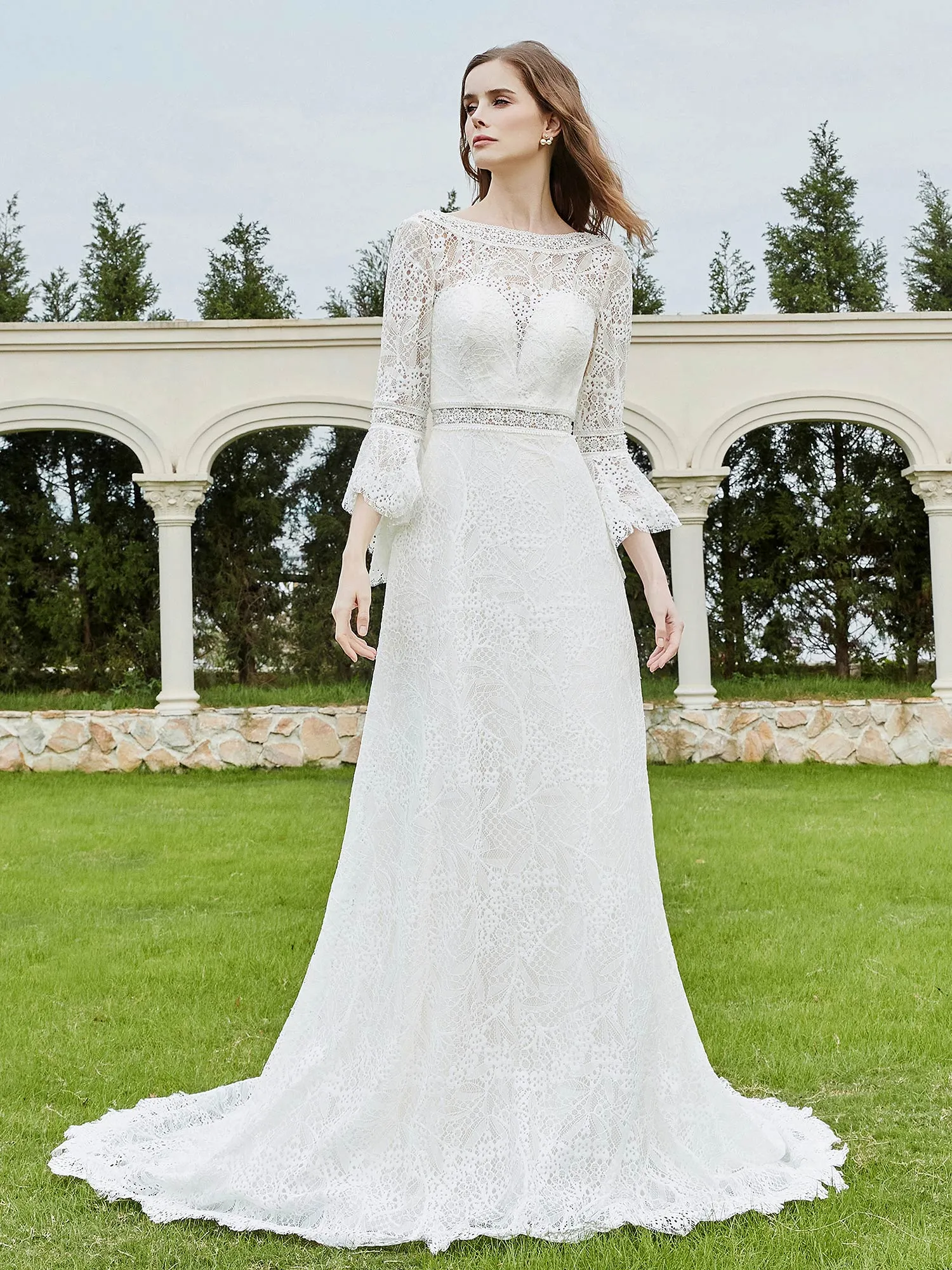 3/4-Length Beaded A-Line Lace Wedding Dress White