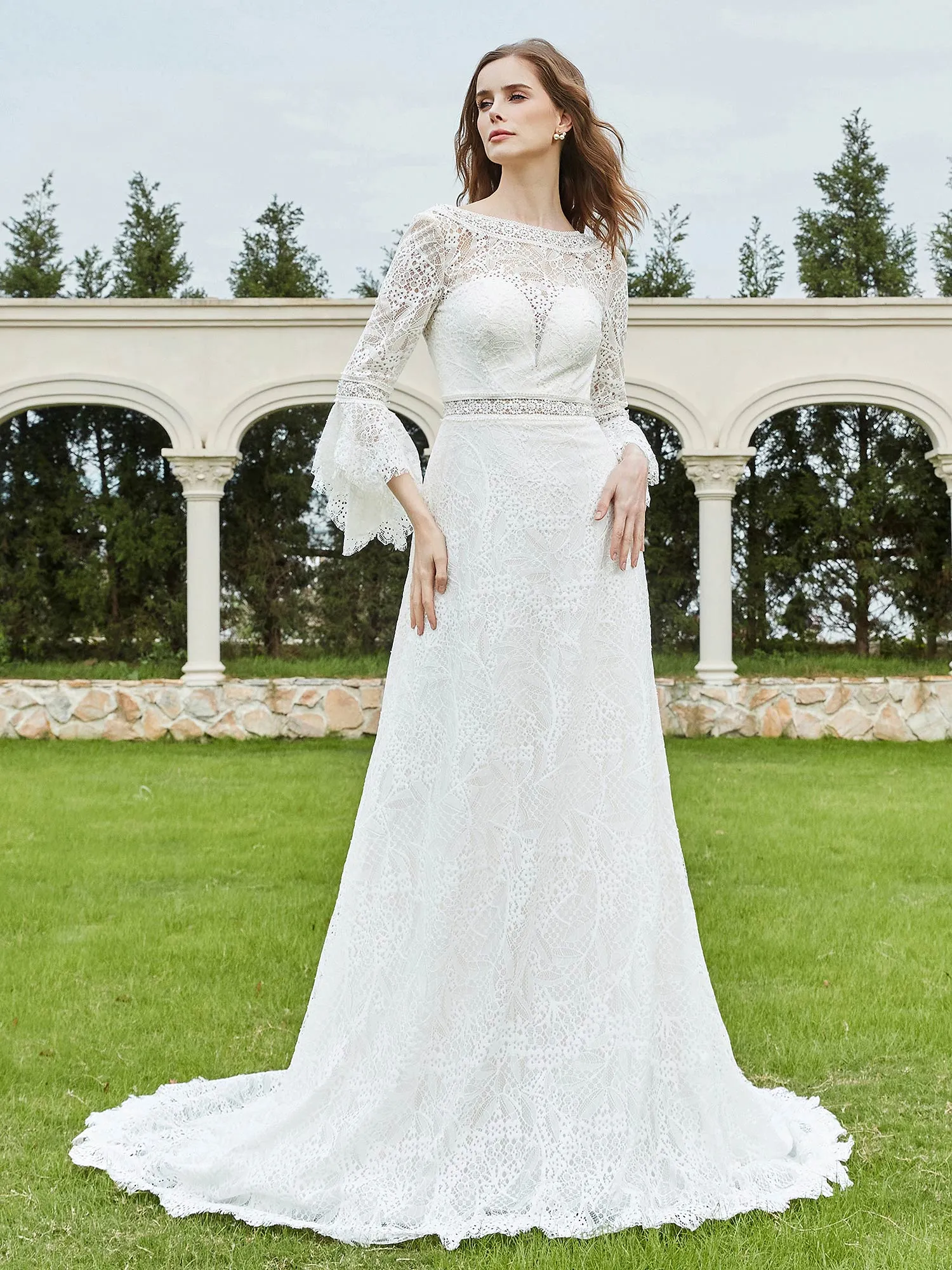 3/4-Length Beaded A-Line Lace Wedding Dress White