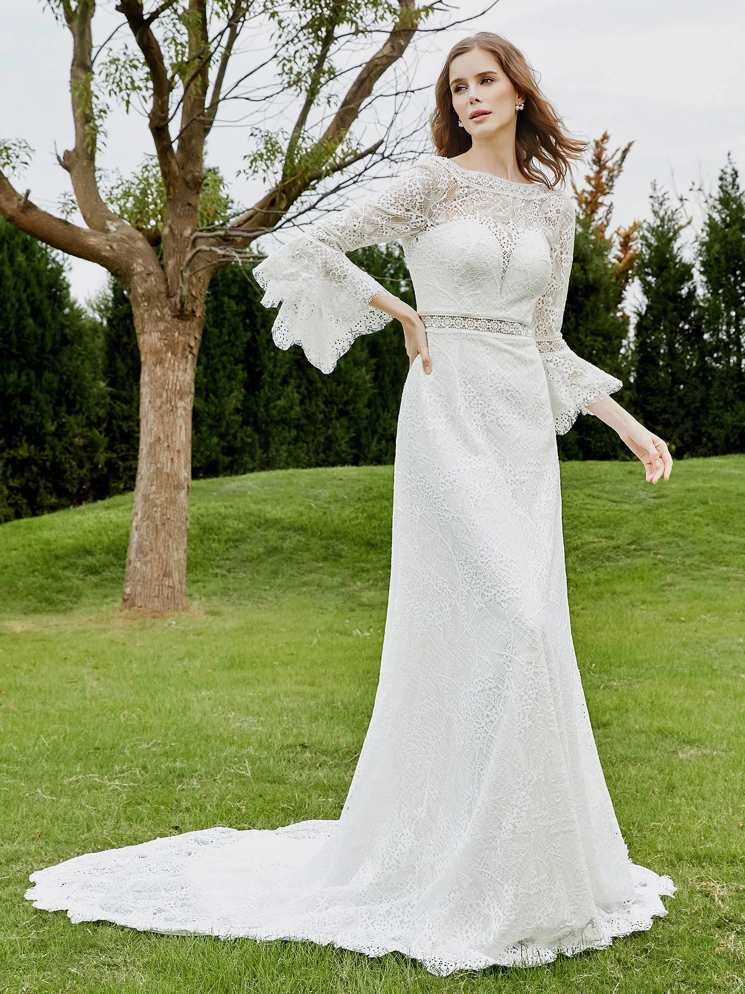 3/4-Length Beaded A-Line Lace Wedding Dress White