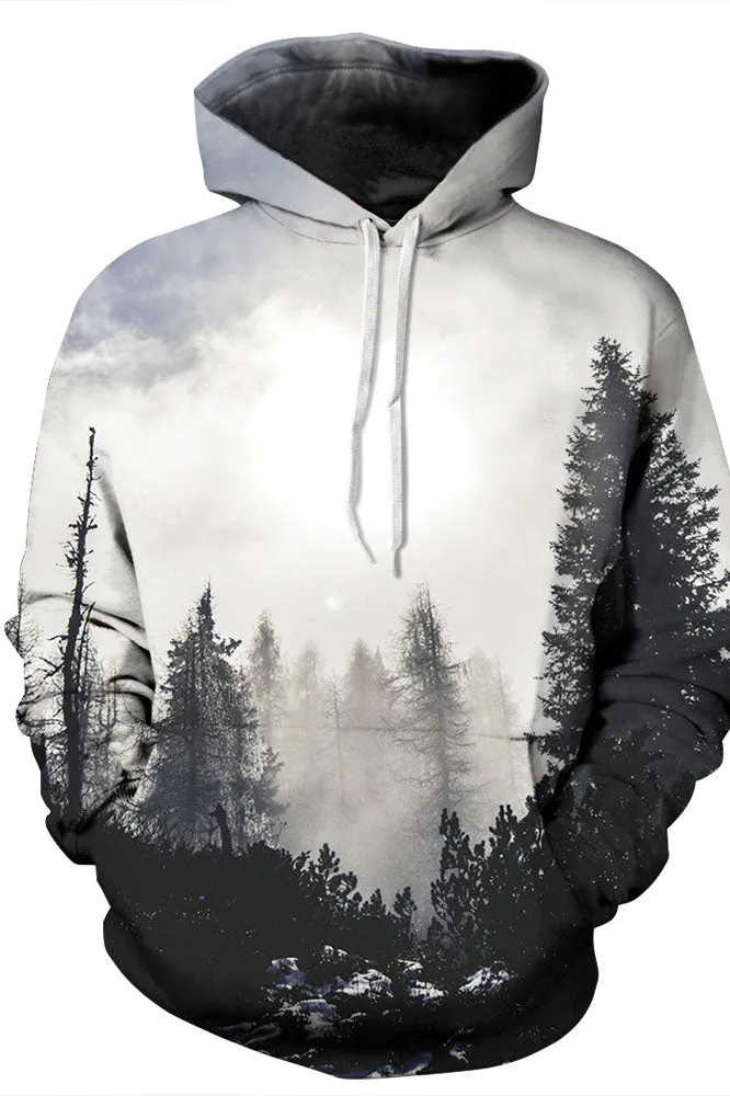 3D Trees Print Drawstring Pocket Sports Hoodie