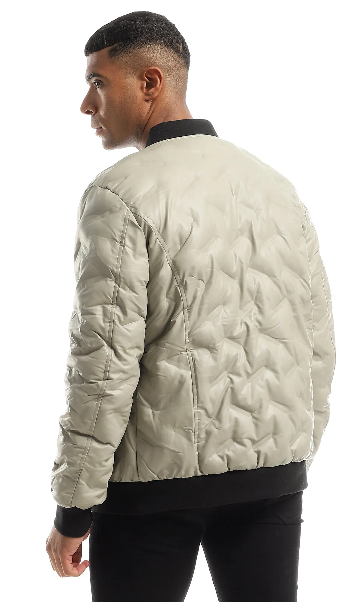 95842 Ecru Leather Puffer Jacket With Zipper Pockets