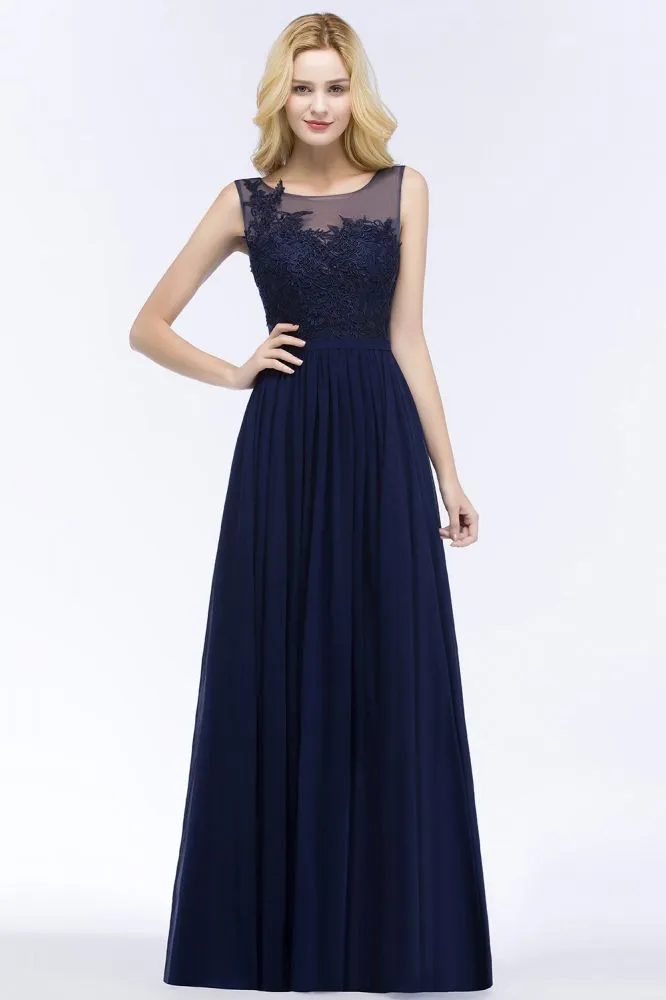 A-line Scoop Neck Bridesmaid Dress Chiffon Appliques Floor-Length Evening Maxi Gown Sleeveless