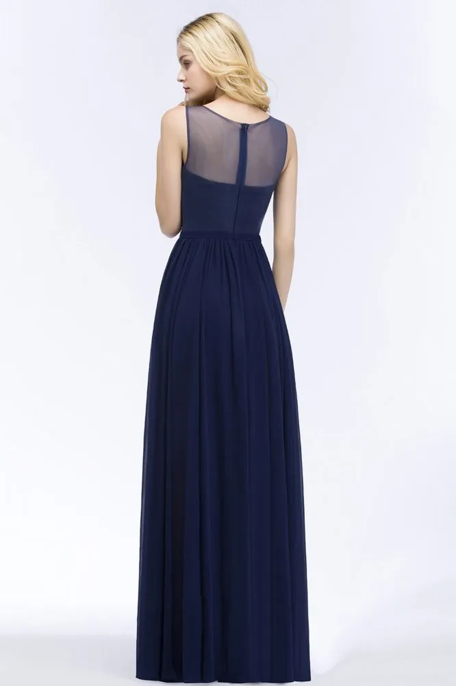 A-line Scoop Neck Bridesmaid Dress Chiffon Appliques Floor-Length Evening Maxi Gown Sleeveless