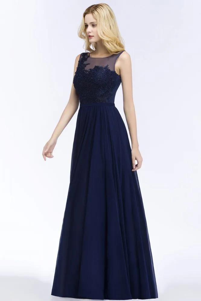 A-line Scoop Neck Bridesmaid Dress Chiffon Appliques Floor-Length Evening Maxi Gown Sleeveless