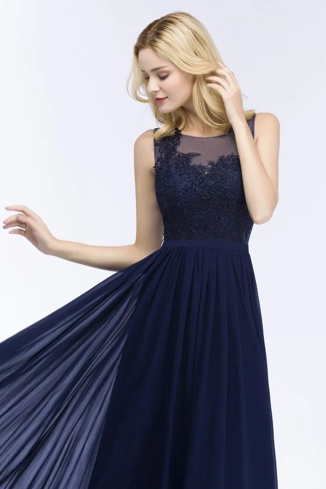 A-line Scoop Neck Bridesmaid Dress Chiffon Appliques Floor-Length Evening Maxi Gown Sleeveless