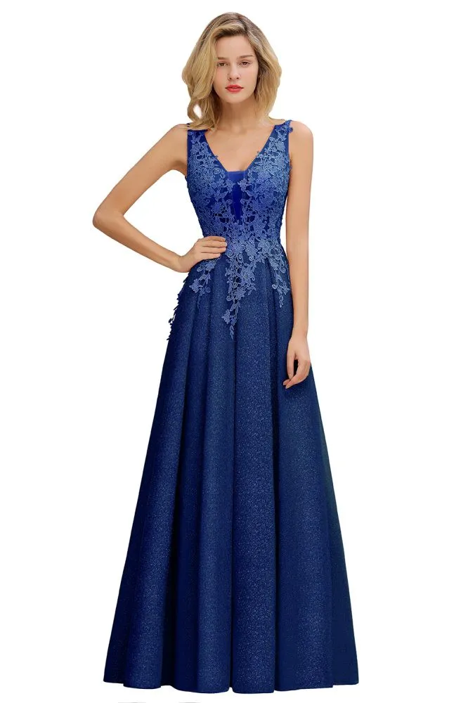 A-Line V-neck Floor-Length Tulle Sequined Prom Dresses