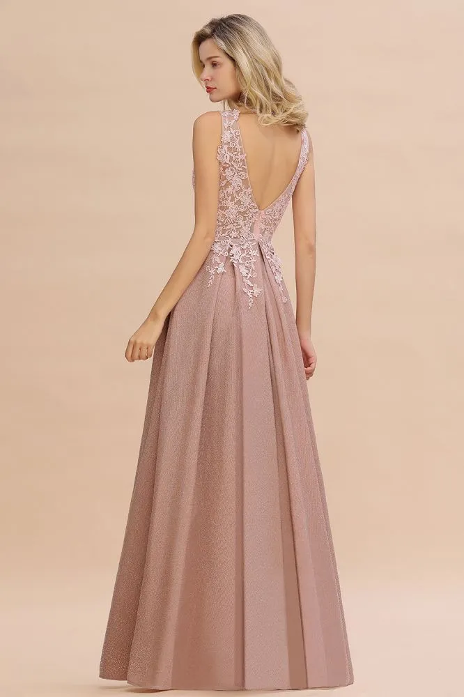 A-Line V-neck Floor-Length Tulle Sequined Prom Dresses