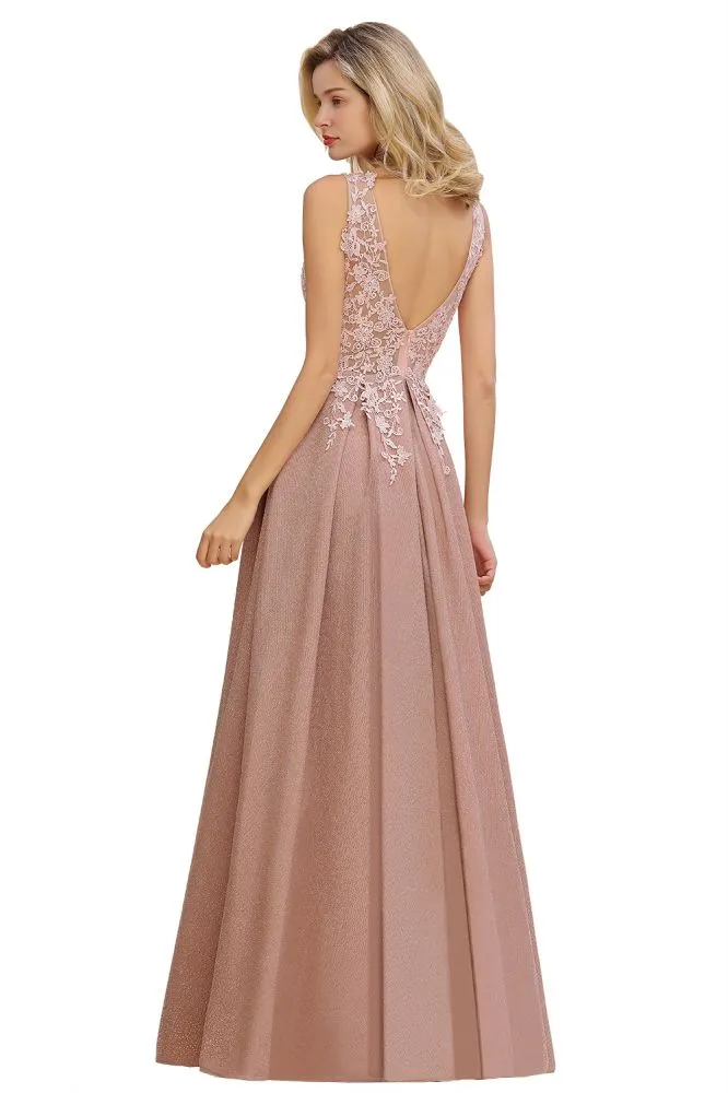 A-Line V-neck Floor-Length Tulle Sequined Prom Dresses