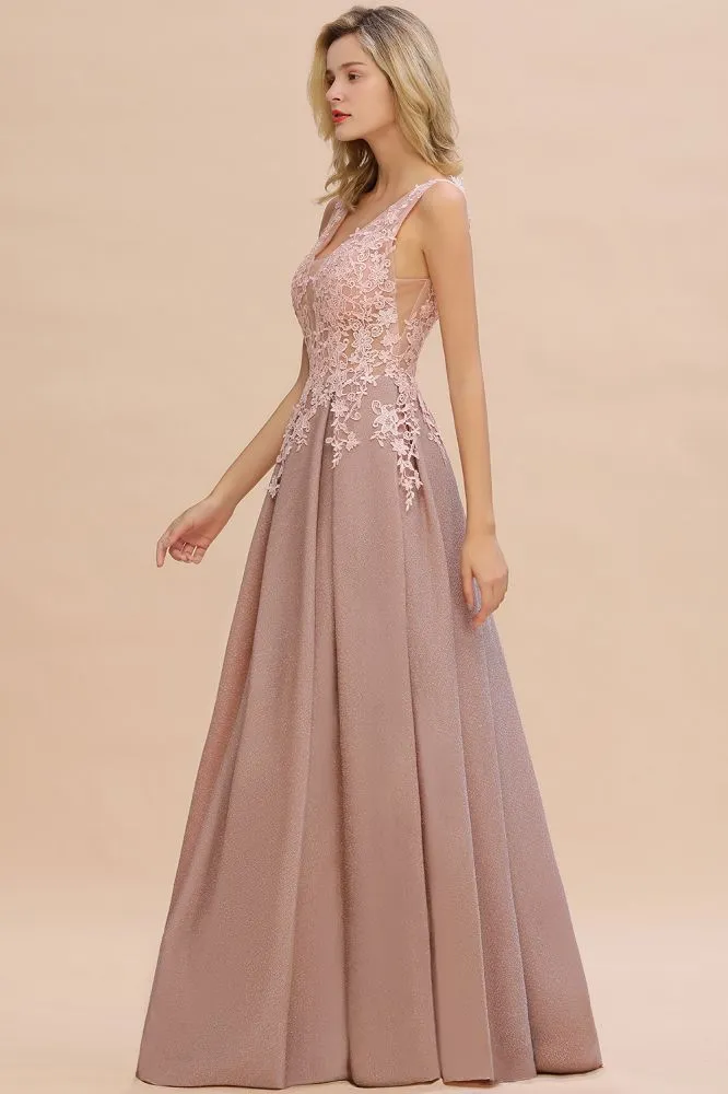 A-Line V-neck Floor-Length Tulle Sequined Prom Dresses