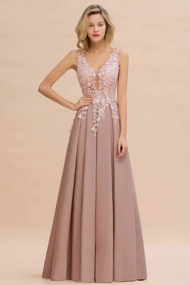 A-Line V-neck Floor-Length Tulle Sequined Prom Dresses