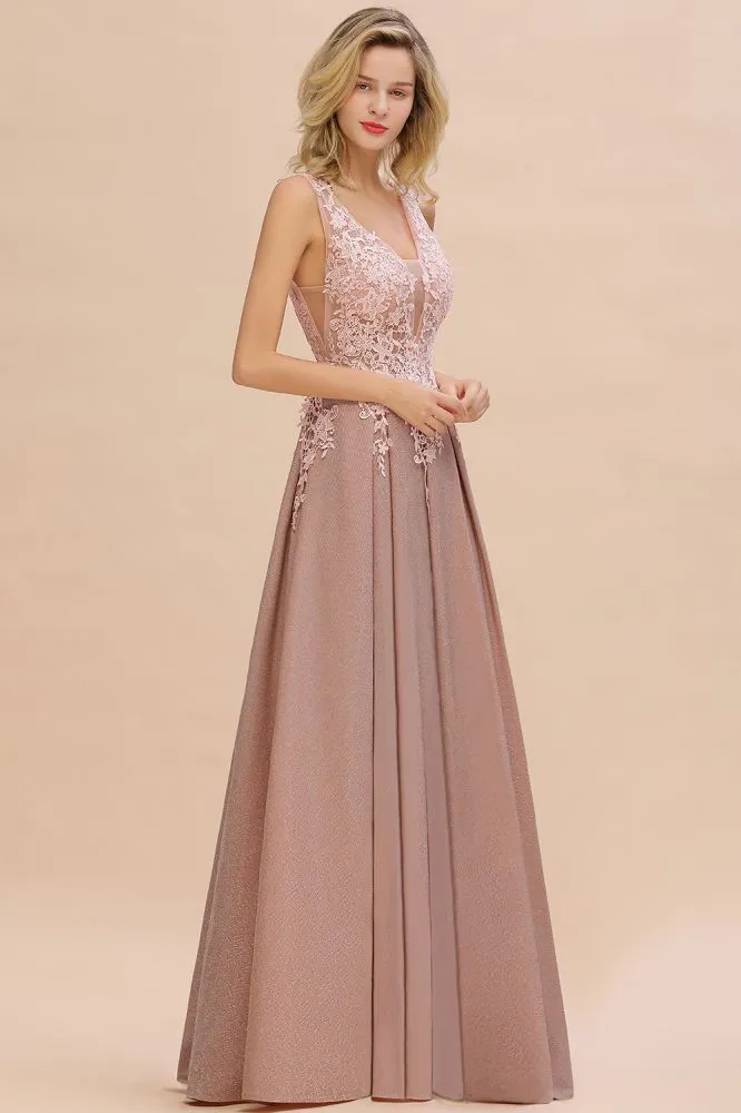 A-Line V-neck Floor-Length Tulle Sequined Prom Dresses