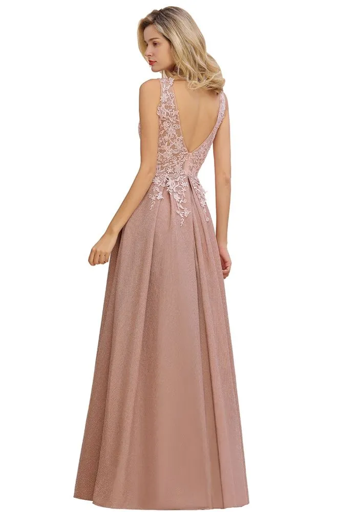 A-Line V-neck Floor-Length Tulle Sequined Prom Dresses