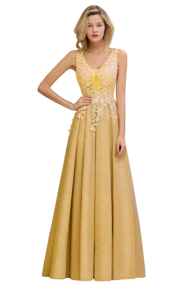 A-Line V-neck Floor-Length Tulle Sequined Prom Dresses