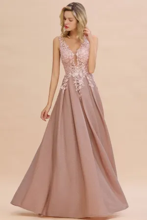 A-Line V-neck Floor-Length Tulle Sequined Prom Dresses