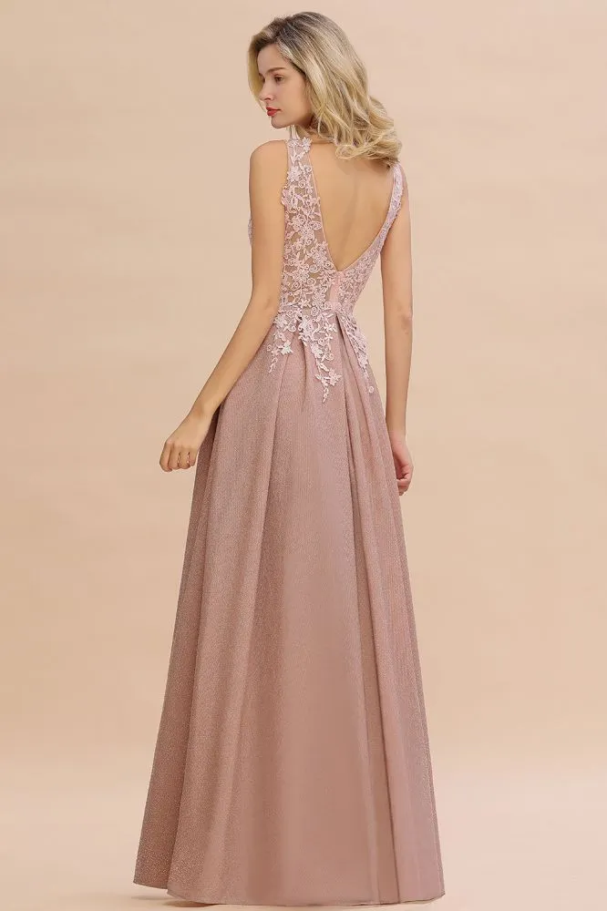 A-Line V-neck Floor-Length Tulle Sequined Prom Dresses