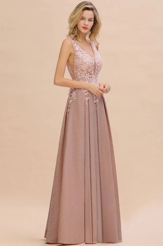 A-Line V-neck Floor-Length Tulle Sequined Prom Dresses