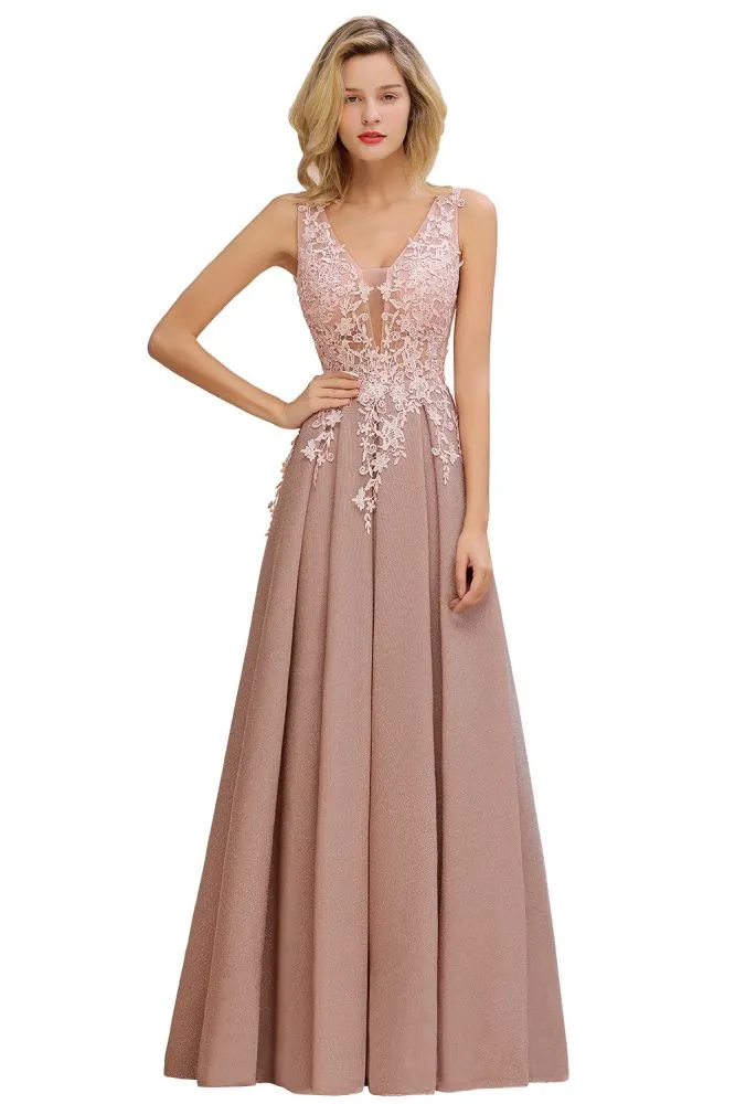 A-Line V-neck Floor-Length Tulle Sequined Prom Dresses