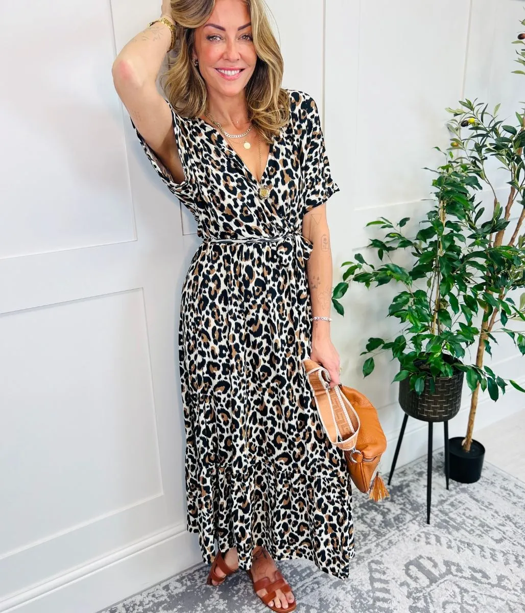 Animal Print Tassel Tie Midi Dress