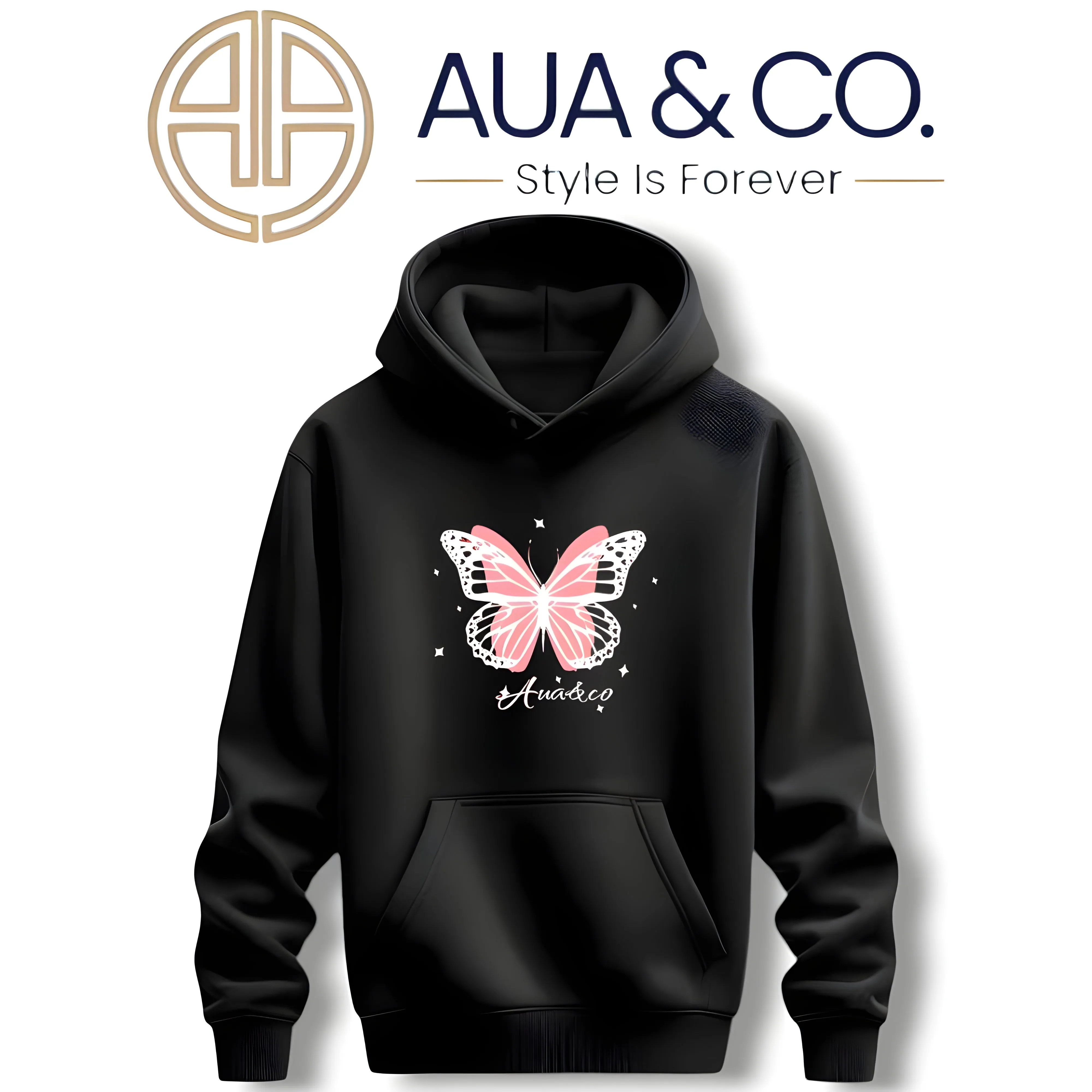 AUA&CO Pack of 2 Women's Hoodies | Winter Fleece | Butterfly Print | Pink & Black