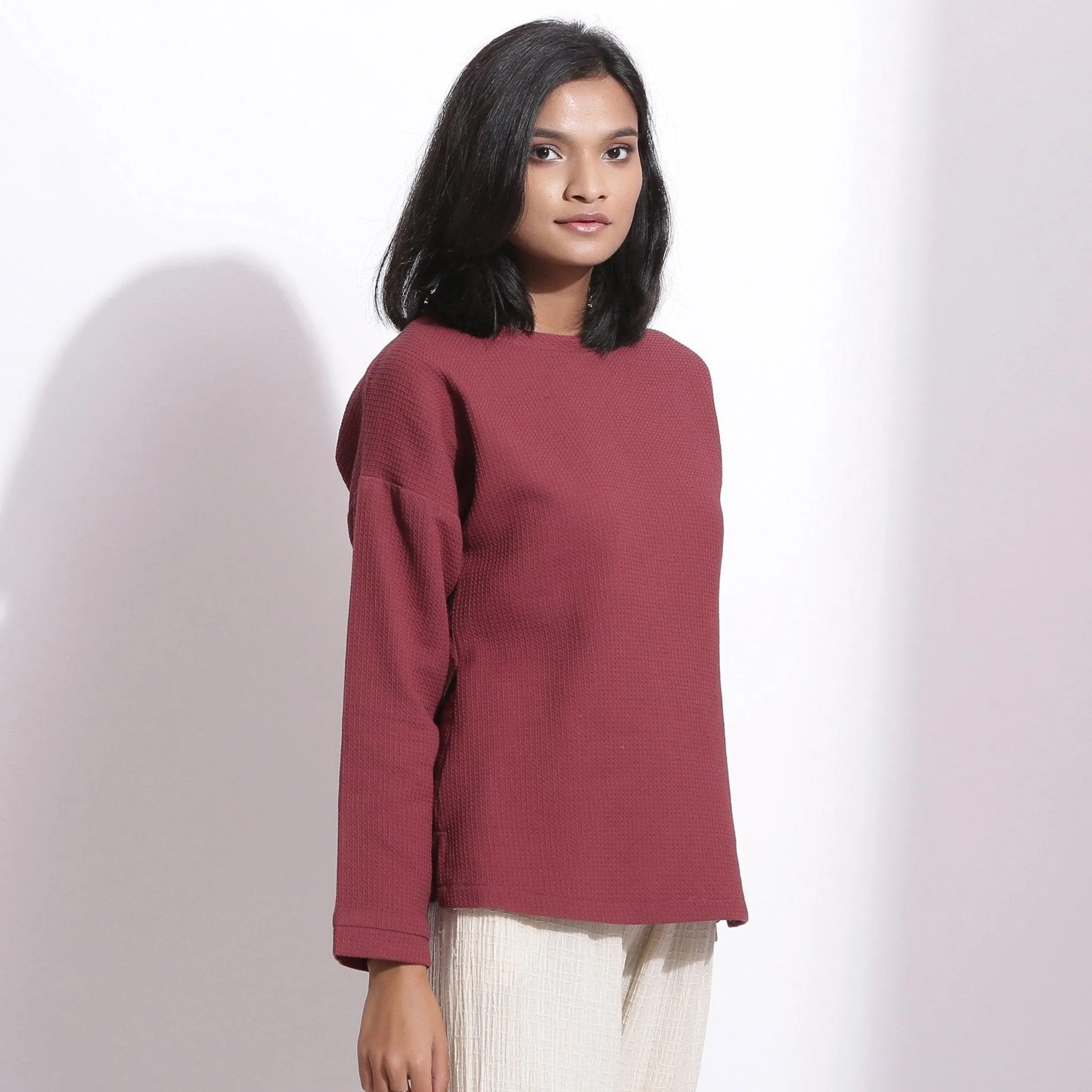 Barn Red Warm Cotton Waffle Drop Shoulder Top