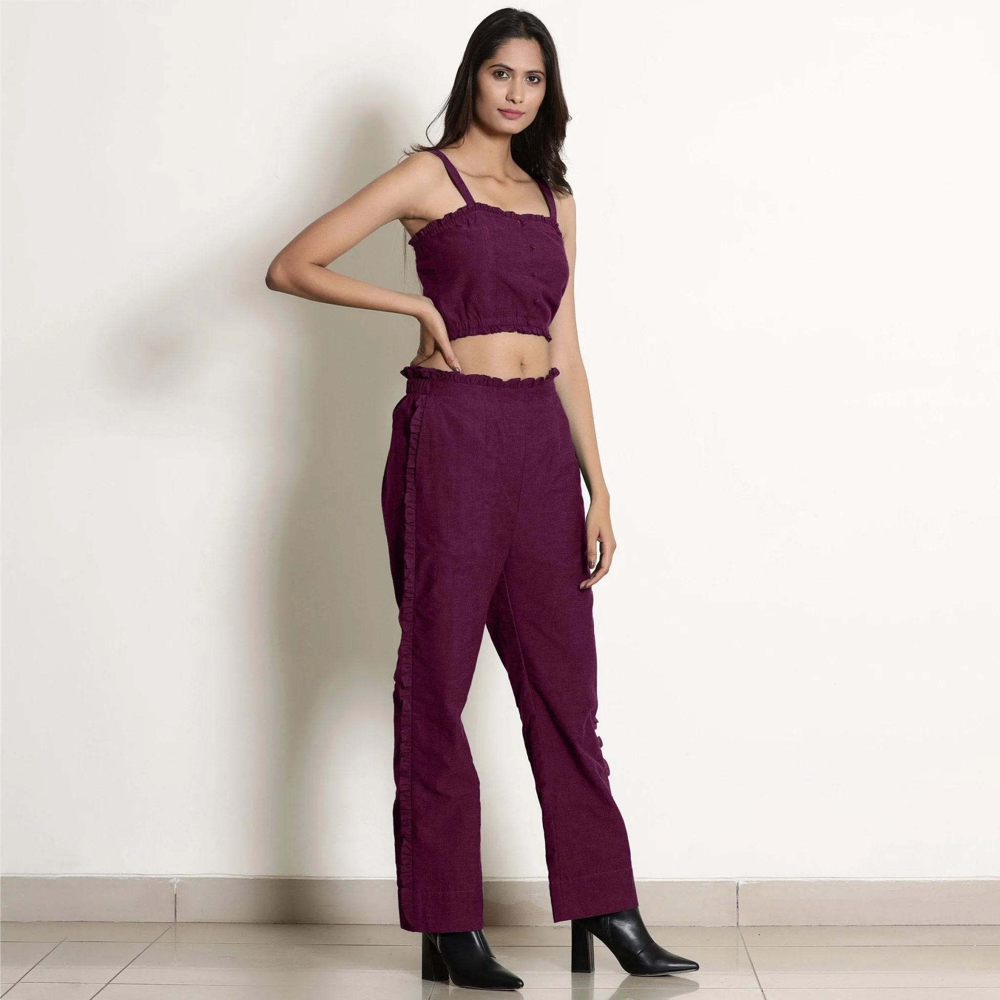 Berry Wine Warm 100% Cotton Frilled Bustier Crop Top