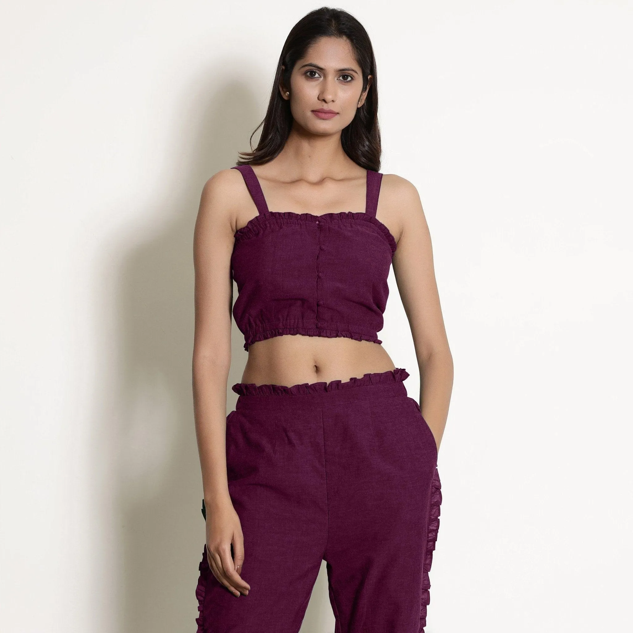 Berry Wine Warm 100% Cotton Frilled Bustier Crop Top