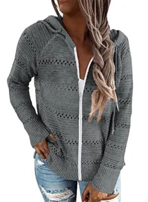 Biucly Womens Solid Color Lightweight Knit Sweater Casual Long Sleeve Zip Up Hoodie Jacket Drawstring Hooded Sweatshirt Tops Fall Fashion Clothes for Women 2022,US 18-20(2XL),Grey