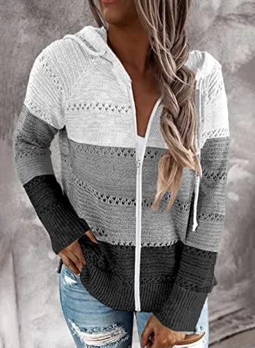 Biucly Womens Stripes Color Block Knit Sweater Zip Up Hoodies Long Sleeve Lightweight Drawstring Jacket Pullover Sweatshirts Sweaters Fall Winter 2022,US 18-20(2XL),Grey,White,Black