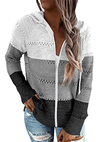 Biucly Womens Stripes Color Block Knit Sweater Zip Up Hoodies Long Sleeve Lightweight Drawstring Jacket Pullover Sweatshirts Sweaters Fall Winter 2022,US 18-20(2XL),Grey,White,Black