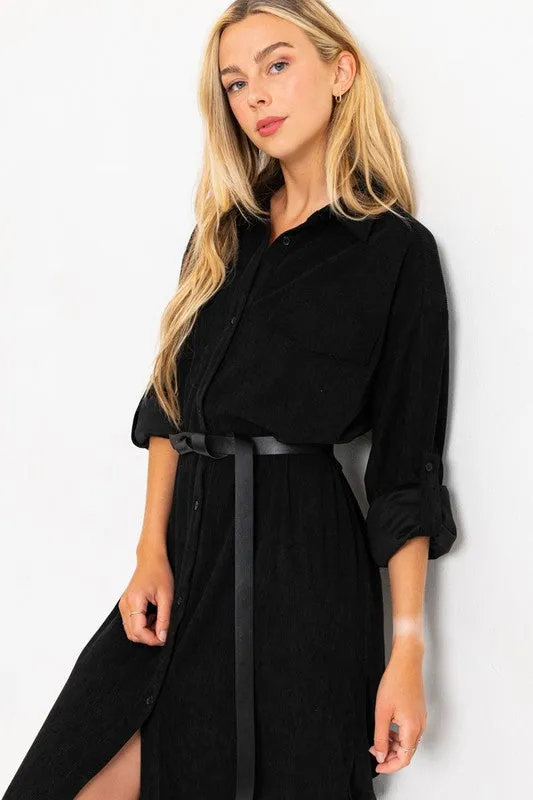 Black Corduroy Roll Up Sleeve Shirt Dress With Belt