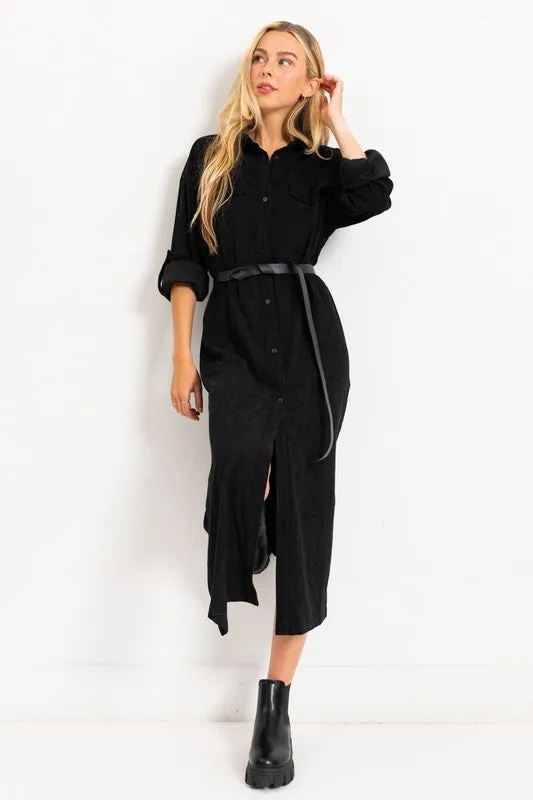 Black Corduroy Roll Up Sleeve Shirt Dress With Belt