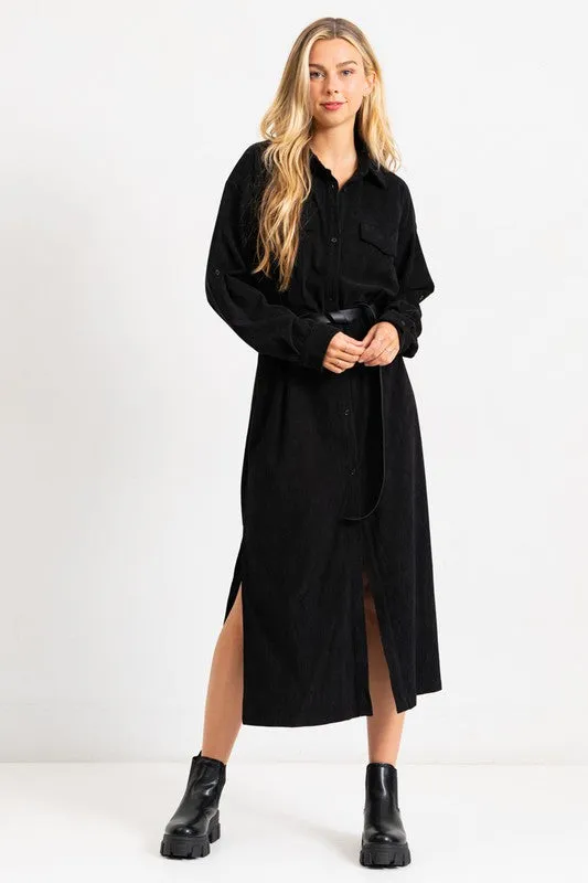 Black Corduroy Roll Up Sleeve Shirt Dress With Belt