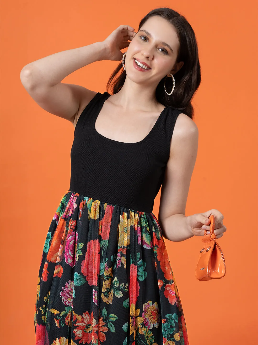 Black Dress with  Multi-Floral Mesh