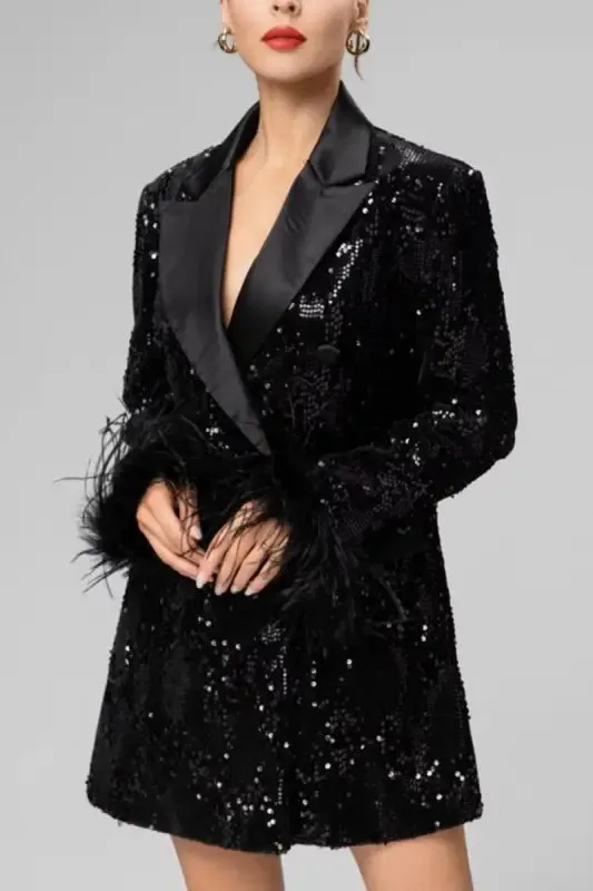 Black In Style Rhinestone Feather Detailed Blazer