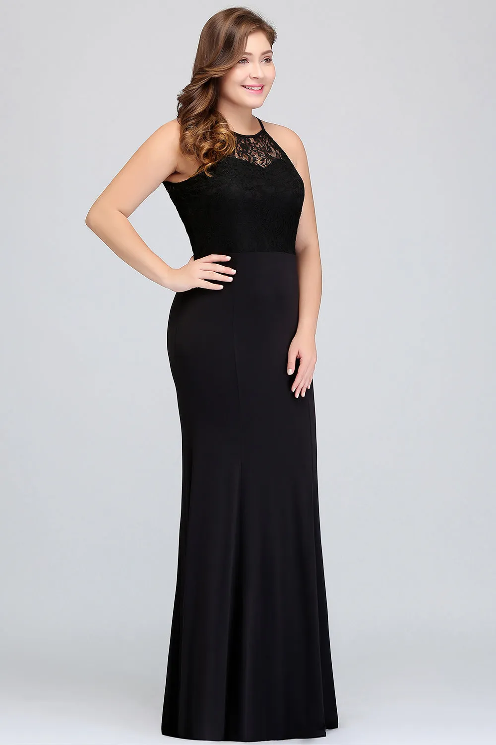 Black Plus Size Long Halter Ruffles Mermaid Bridesmaid Dress