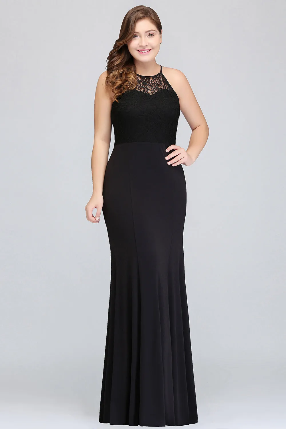 Black Plus Size Long Halter Ruffles Mermaid Bridesmaid Dress