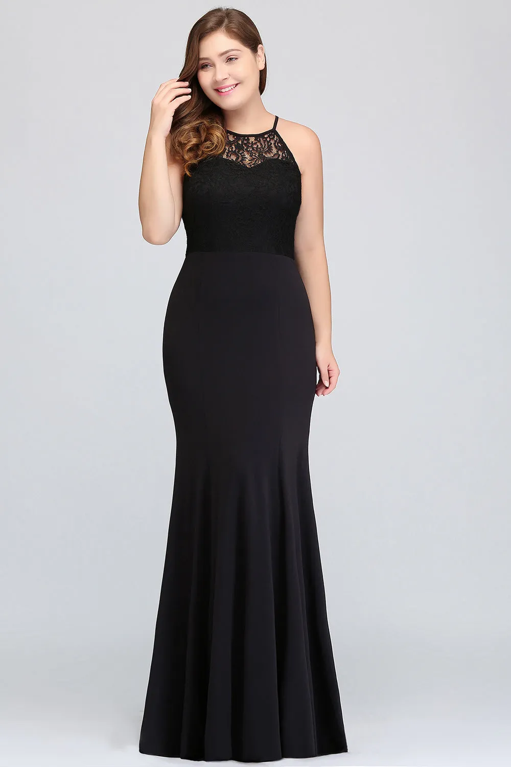 Black Plus Size Long Halter Ruffles Mermaid Bridesmaid Dress