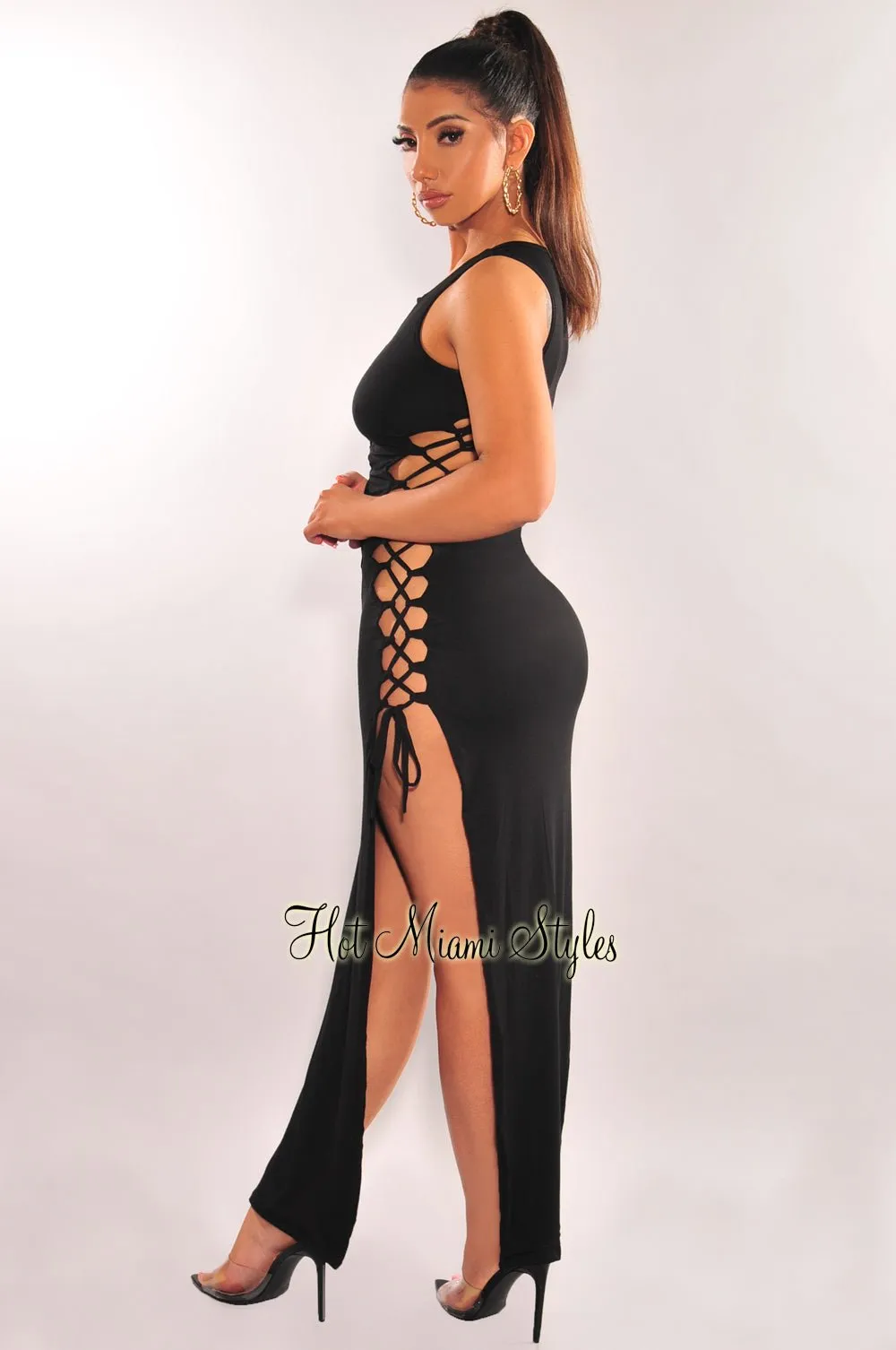 Black Sleeveless Lace Up Sides Double Slit Maxi Dress