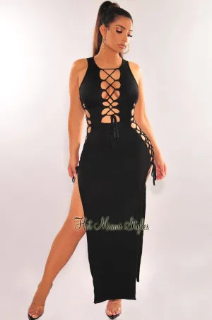 Black Sleeveless Lace Up Sides Double Slit Maxi Dress