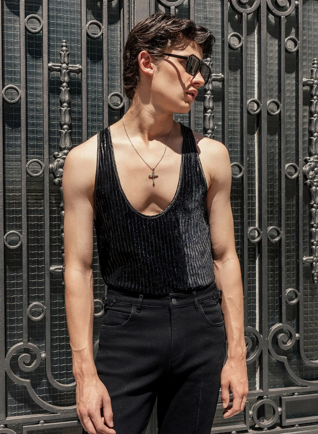 Black Velvet Sequin Pinstripe Scoop Neck Vest