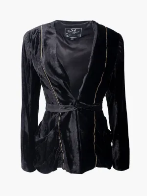 Black Velvet Tie Up Jacket With Gold Zip Details