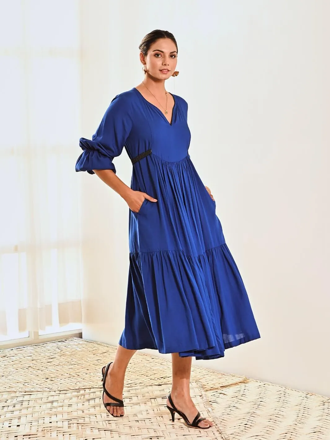 Blue Cotton Maxi Long Dress with Belt