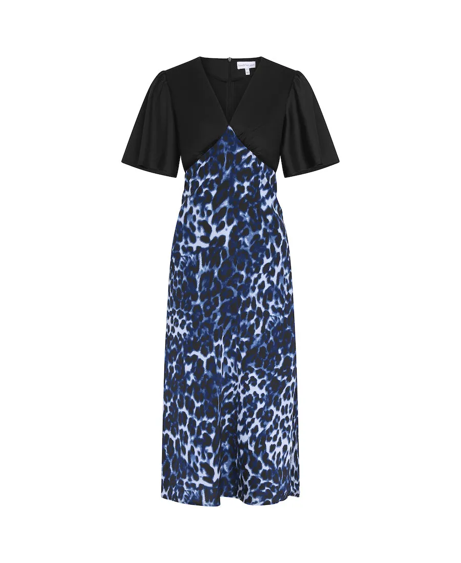 Blue Leopard Printed Satin Midi Dress