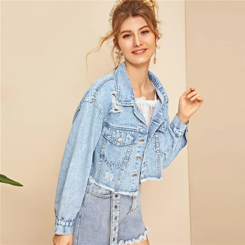 Blue Ripped Frayed Edge Flakes Crop Denim Jeans Jacket Women Spring Autumn Single Breasted Casual Outwear Coat Jackets