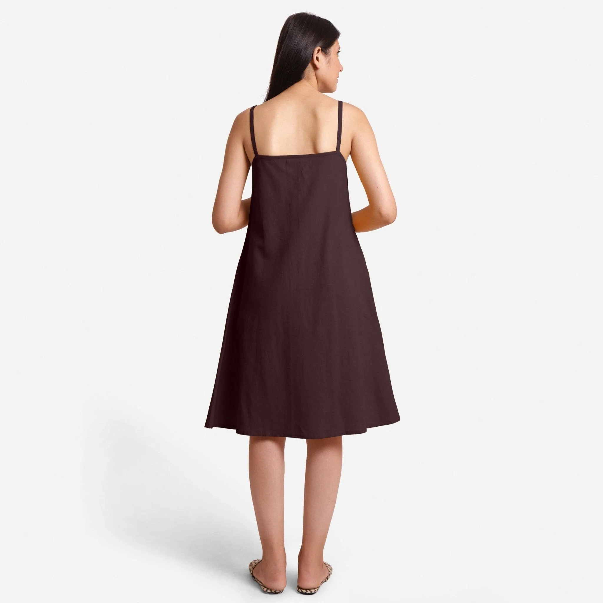 Brown Strappy Cotton Flax Knee Length Slit Dress