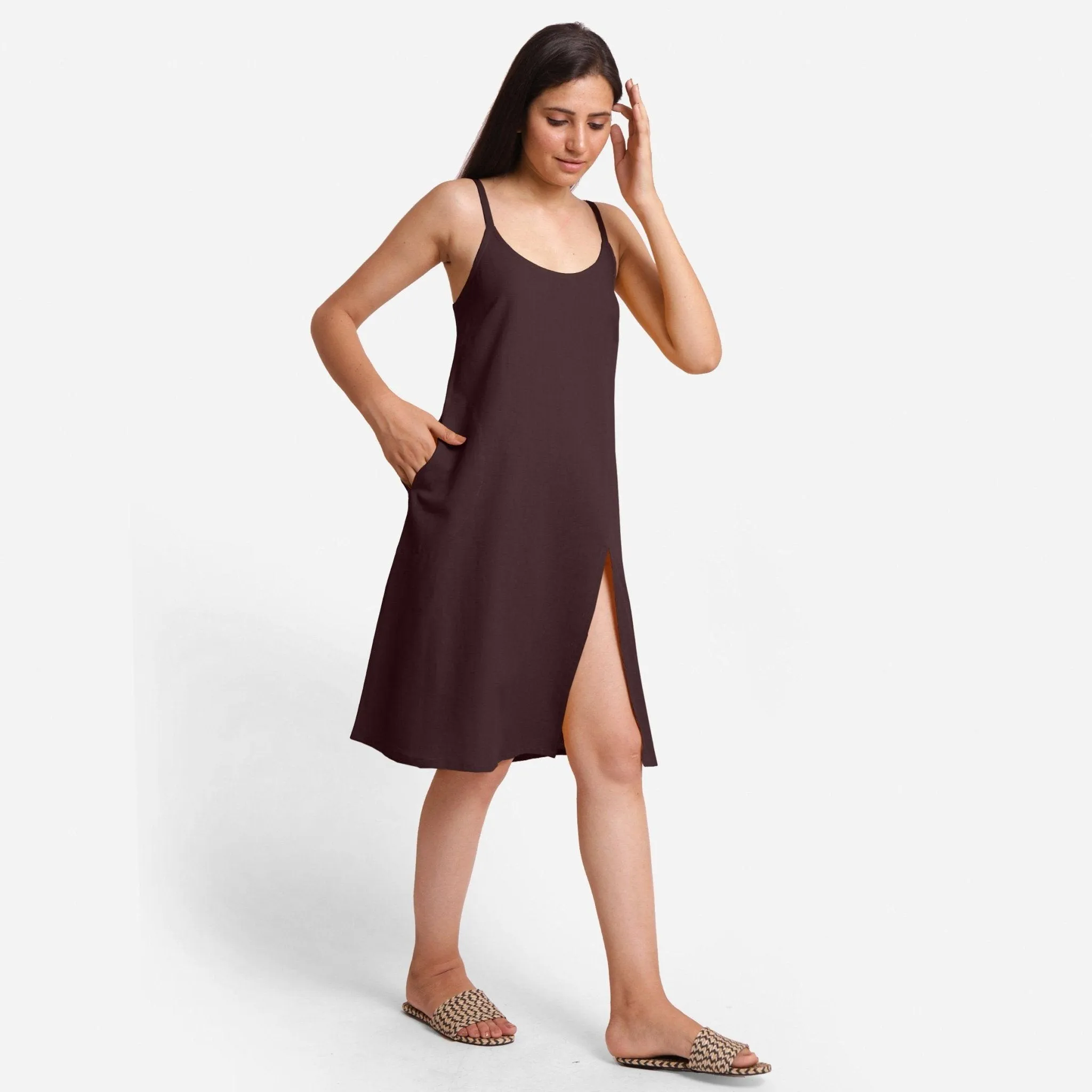 Brown Strappy Cotton Flax Knee Length Slit Dress