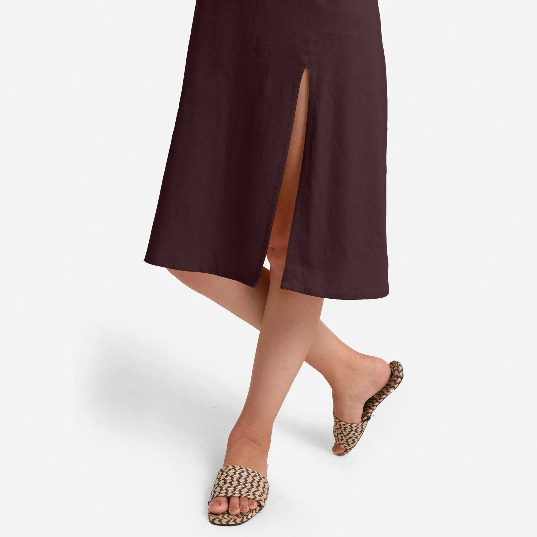 Brown Strappy Cotton Flax Knee Length Slit Dress